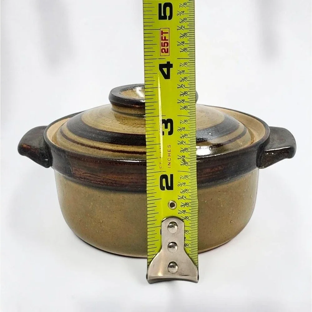 ​Vintage Stoneware Mini Casserole Crocks Set of 4 Avocado Green Brown Drip Glaze